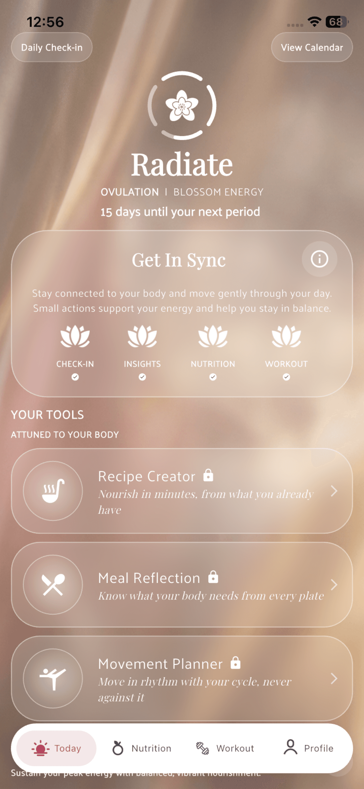 Daily home view — your current cycle phase and aligned tools
